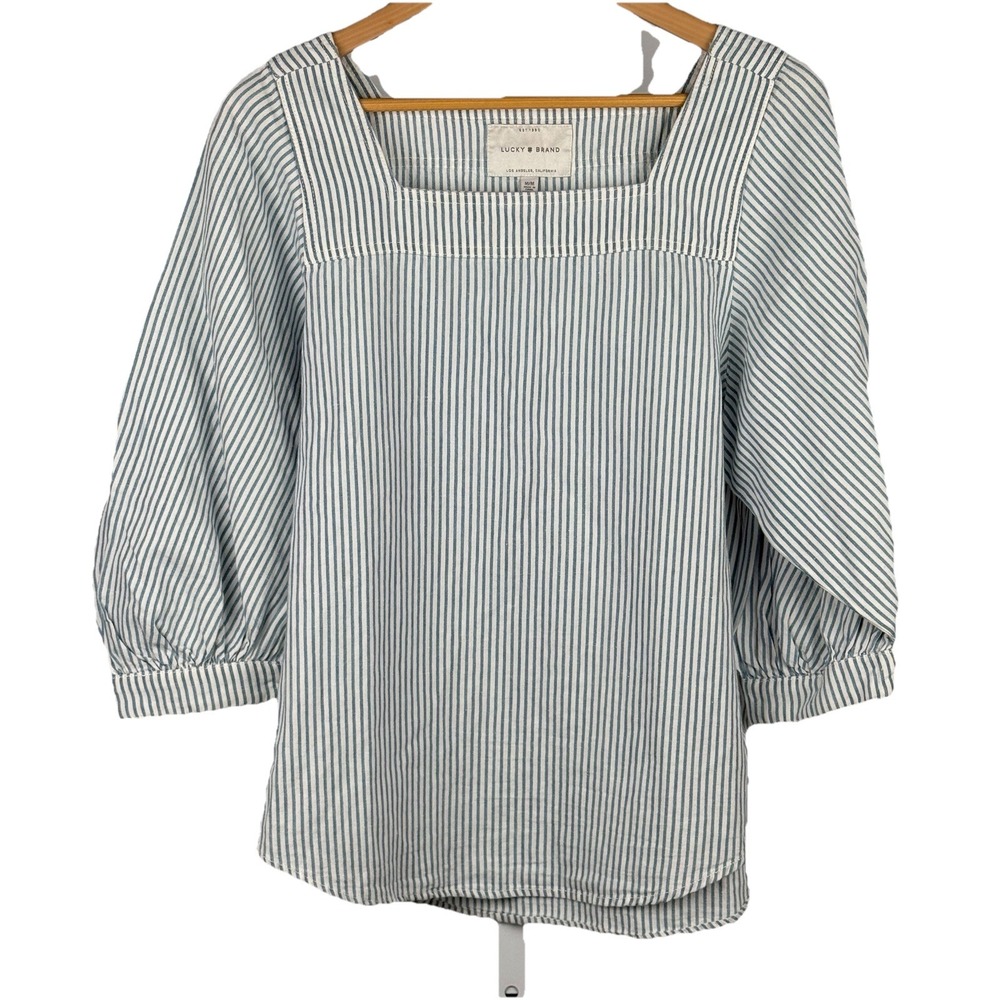 Lucky Brand Womens striped square neck cotton top blouse 3/4 sleeve, Size Medium